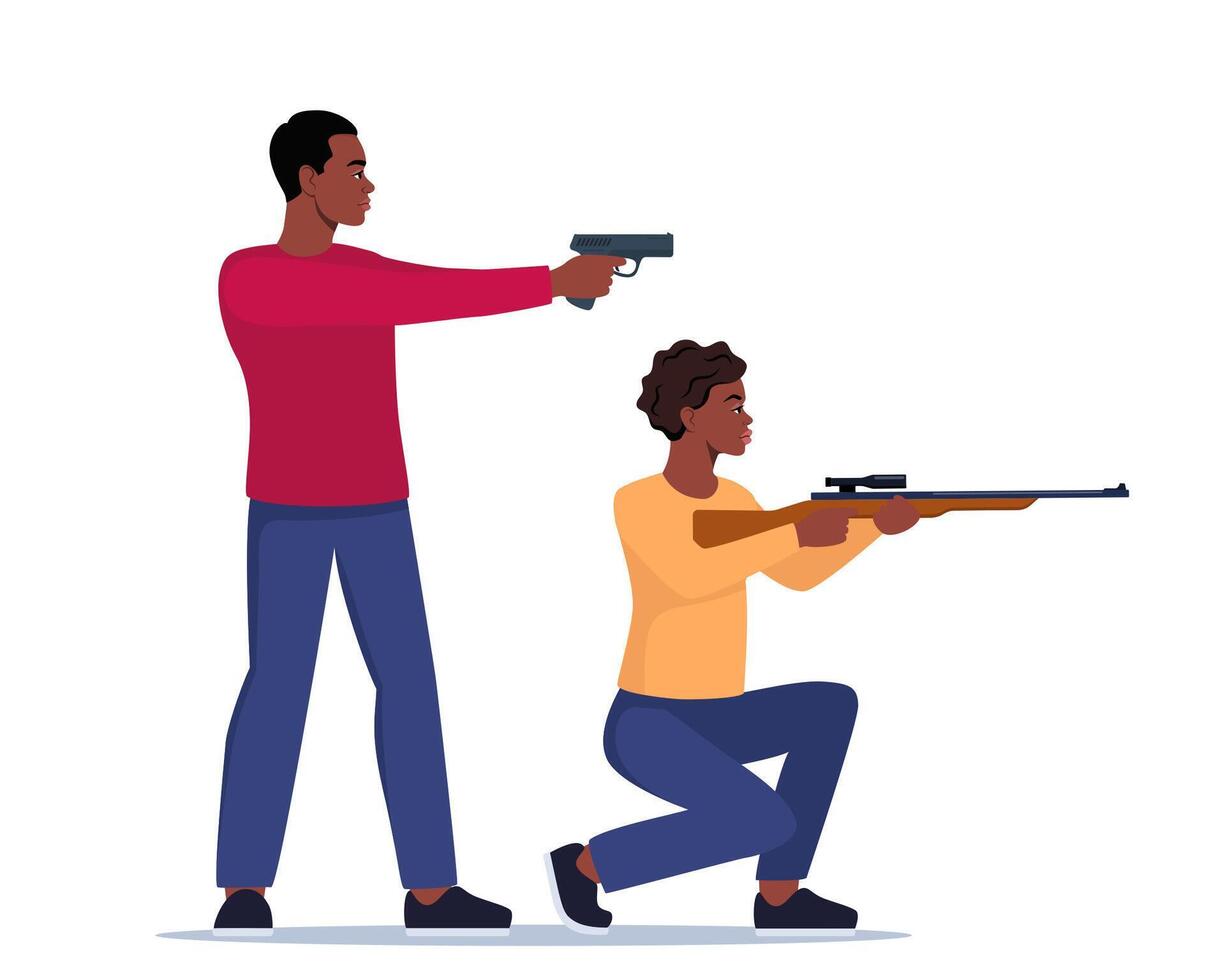 Sport shooting. Aiming black woman with rifle and man with pistol. Outdoor hobby, shooting. Shooters defends property. Military outdoor skills. . vector