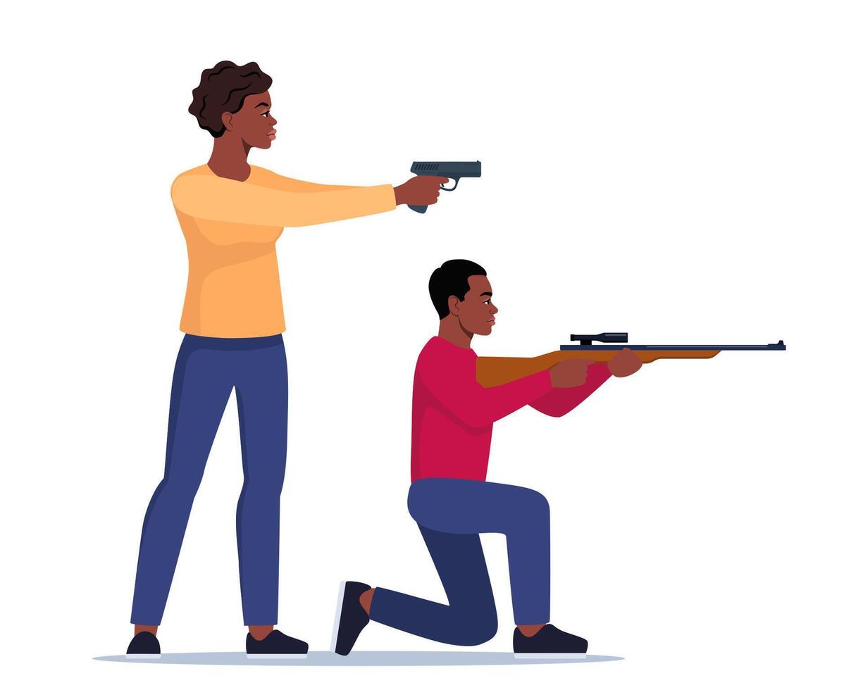 Sport shooting. Aiming black woman with pistol and man with rifle. Outdoor hobby, shooting. Shooters defends property. Military outdoor skills. . vector