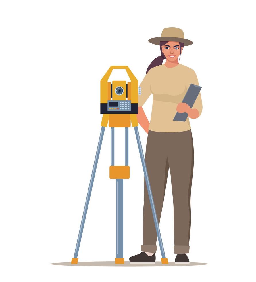 Geologist woman or Archaeologist Stand near Theodolite. Geological or Archaeological Expedition, Resource Mining, Discovery. Illustration. vector