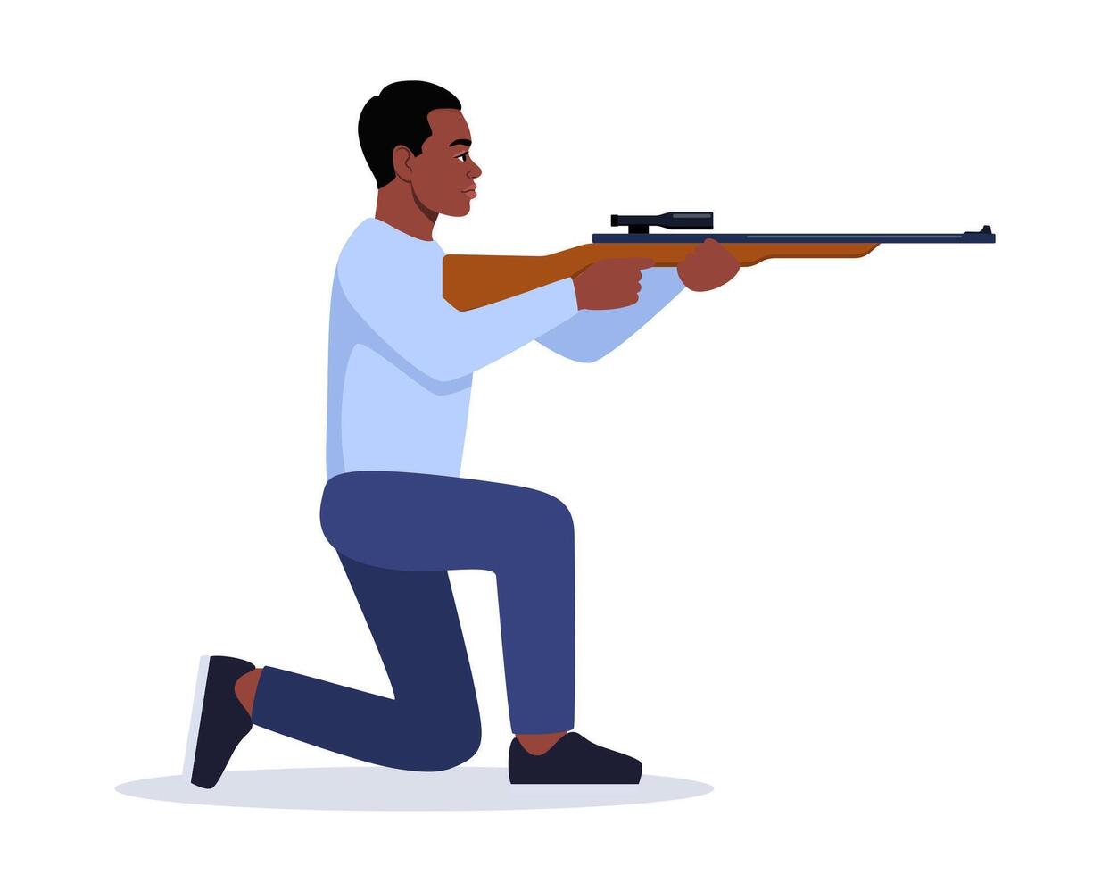 Sport shooting. Aiming man with rifle. Outdoor hobby, hunting. Black man shooter defends property. vector
