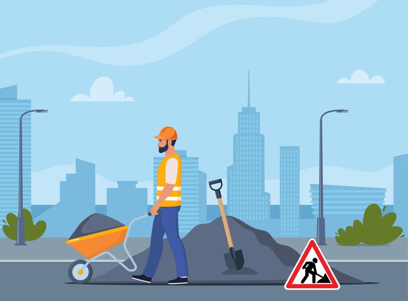 Construction worker with wheelbarrow vector