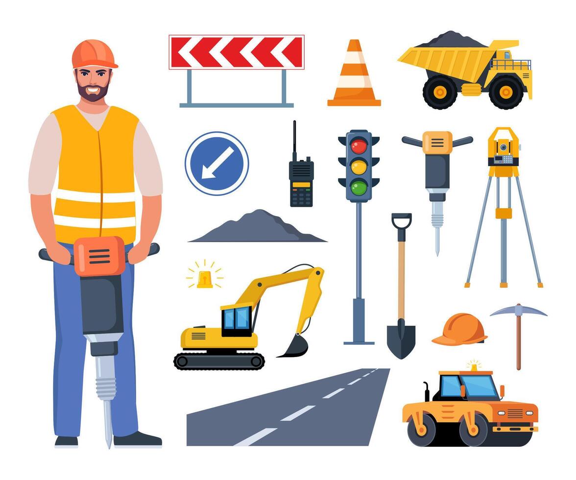 Construction worker with tools and vehicles vector