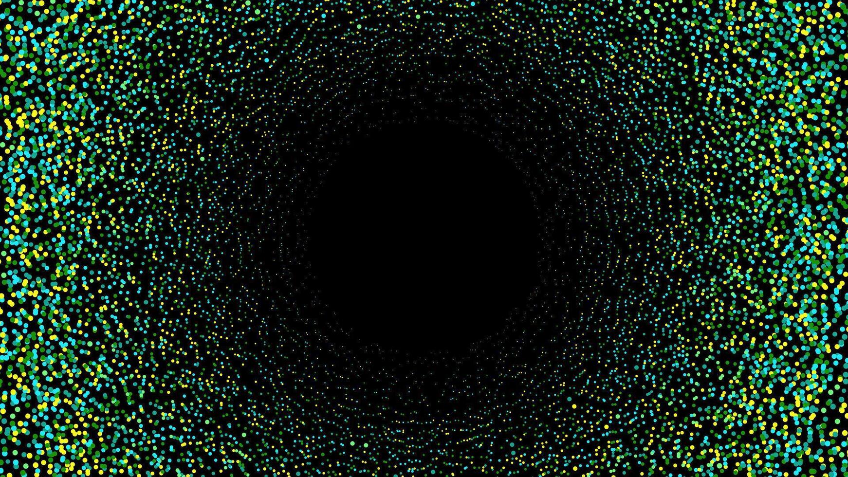 Abstract frame made of green and yellow dots, forming a circular tunnel like effect on a dark background. vector