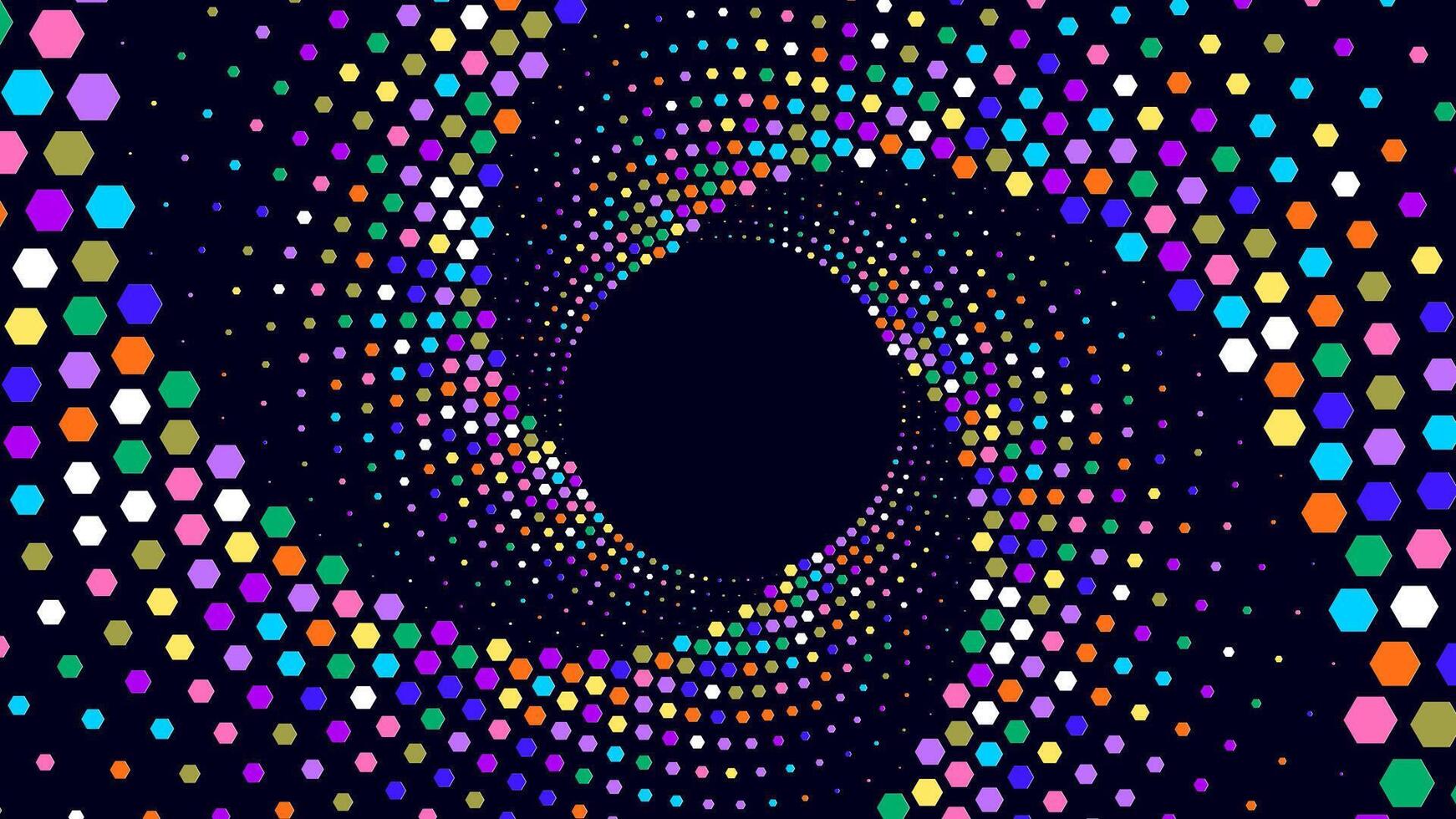 Colorful hexagons forming a swirling spiral pattern around a dark center. vector