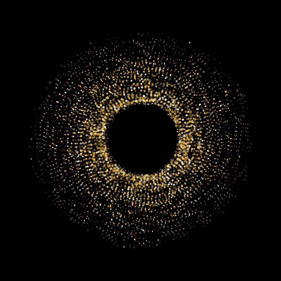 Circular burst of golden and white shimmering dots on a black background, resembling a radiant cosmic portal or a luxurious festive explosion. vector