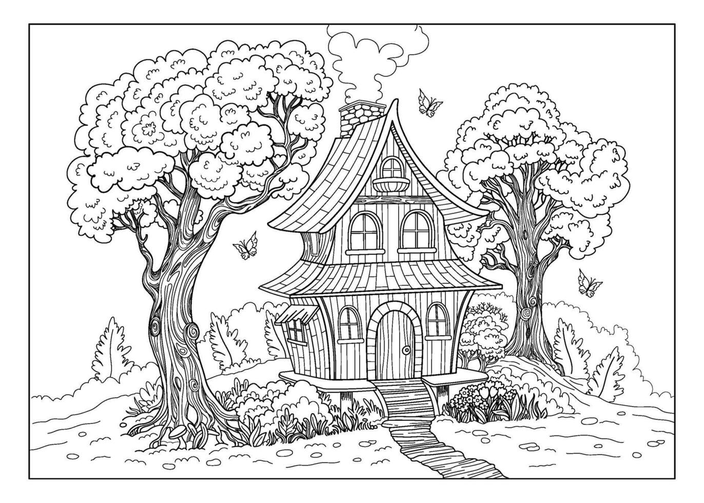 Coloring book page with of cozy fairytale house with tree and butterfly. For kids and adults coloring book, kids activities, poster and educational material. Outline doodle illustration. vector