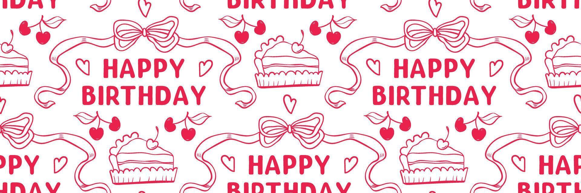Girly birthday pink doodle pattern with ribbon, bow, cherry and cake slice. Minimal and cute birthday background. Ideal for packaging, wrapping, party. Trendy outline illustration. vector
