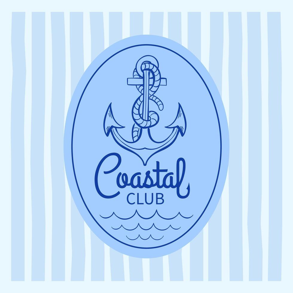 Square marine themed card with anchor emblem and coastal club text. Doodle striped blue background. Great for decor, branding, packaging. Nautical postcard in loose doodle style. vector