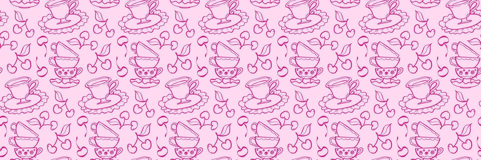 Whimsical seamless pattern with tea cups, cherry and plate. Vintage Tea Time with Cherries. Ideal for packaging, fabric, stationery, and branding. Hand drawn illustration in doodle style. vector