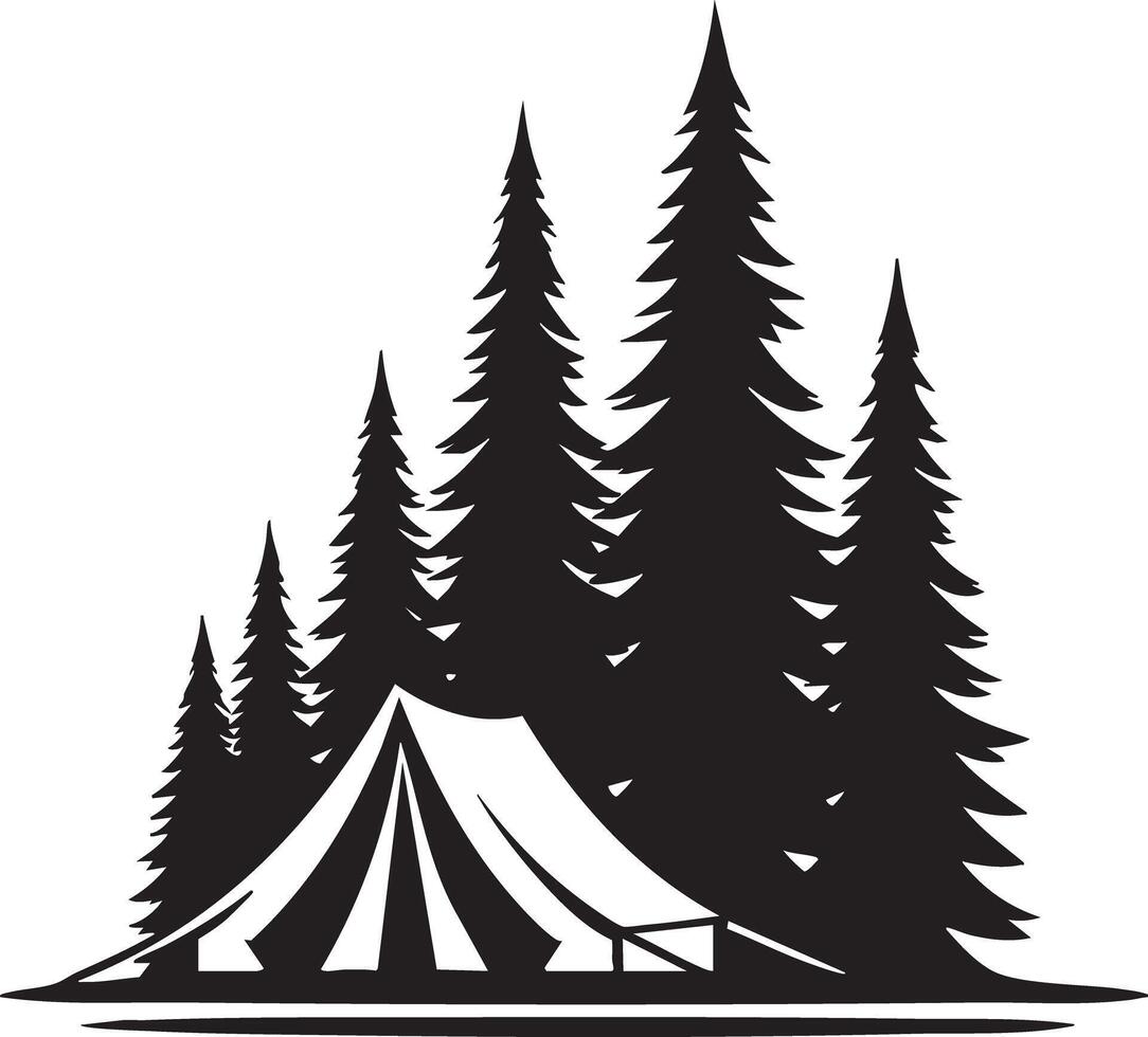 Silhouette of Tent Amidst Tall Pine Trees in Forest Camping Adventure vector