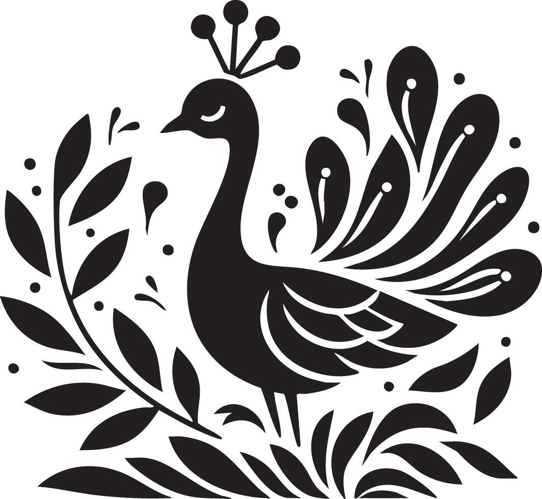 Elegant Black Peacock Silhouette with Flourishing Leaves and Ornate Feathers vector