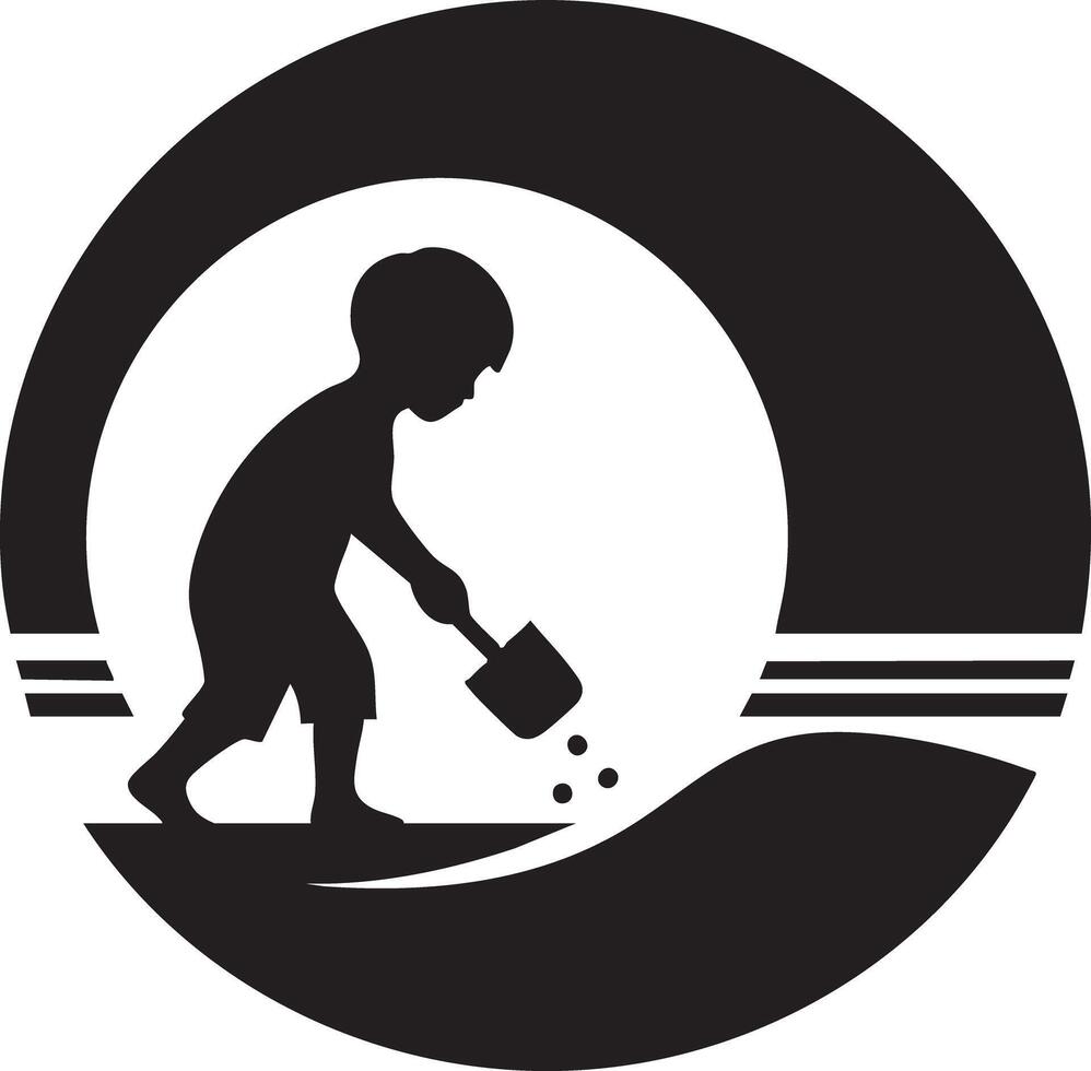 Silhouette of Young Child Digging in Sand with Shovel at Beach vector