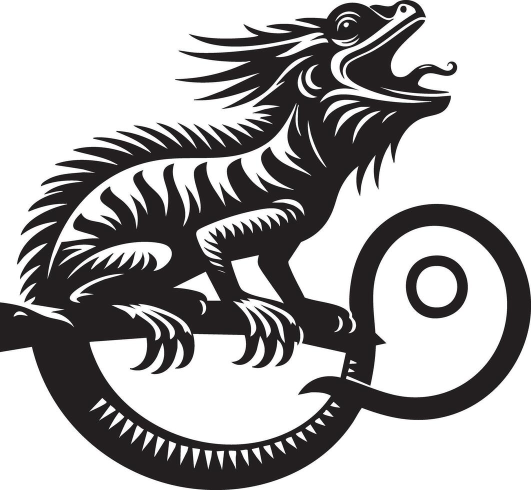 Stylized Black and White Lizard Silhouette Perched on a Branch vector