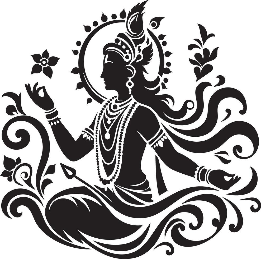 Elegant Indian Deity Silhouette Artistic Floral Design and Ornate Adornments vector