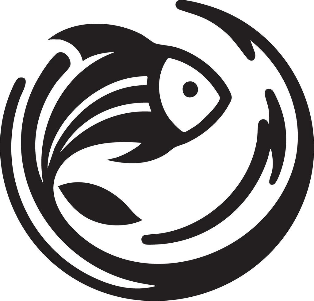 Abstract Stylized Fish Symbol Swirling Water Waves Circular Motion Black And White vector