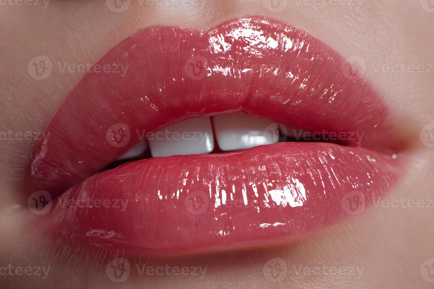A close up of a woman's lips with a shiny red lip photo