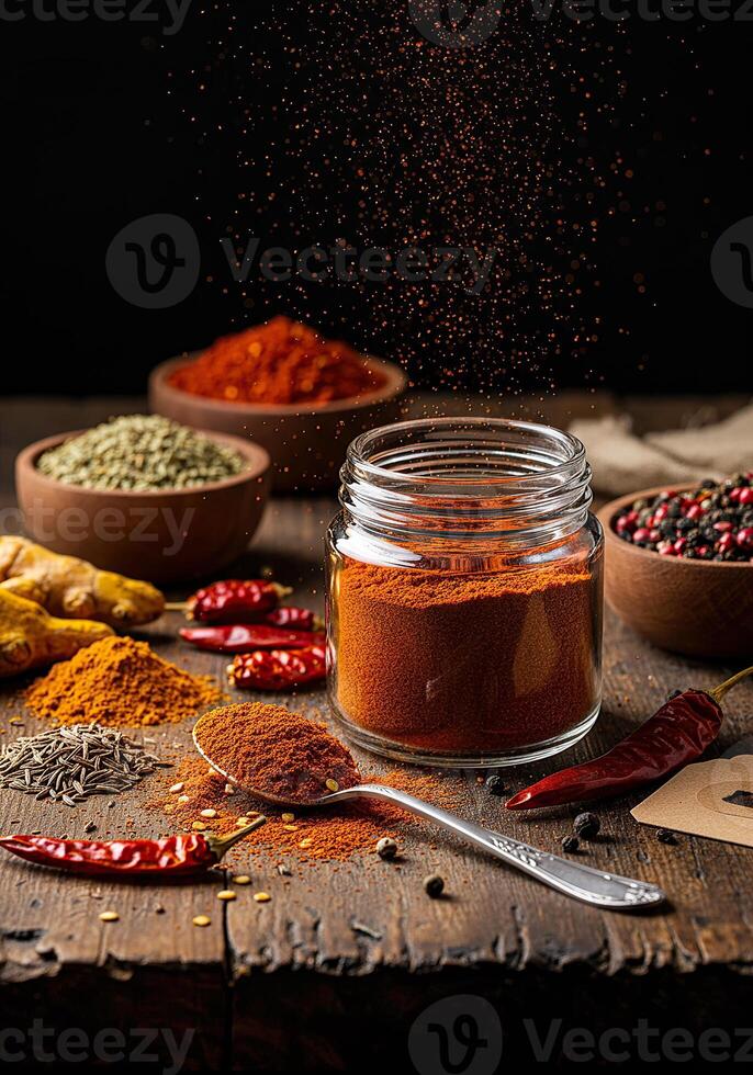 Jar of spices and herbs on wooden table photo