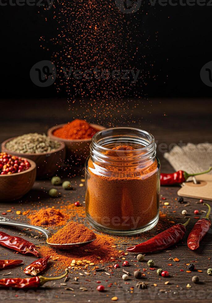 Jar of spices with chili peppers photo