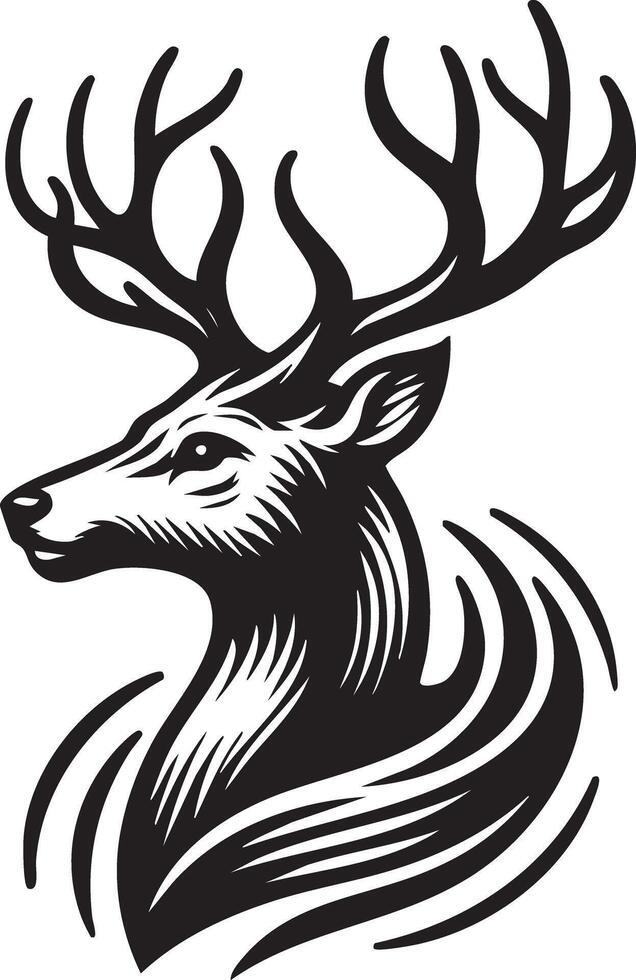 Majestic Stag Head Silhouette with Swirling Ornaments and Antlers for Wildlife Design vector