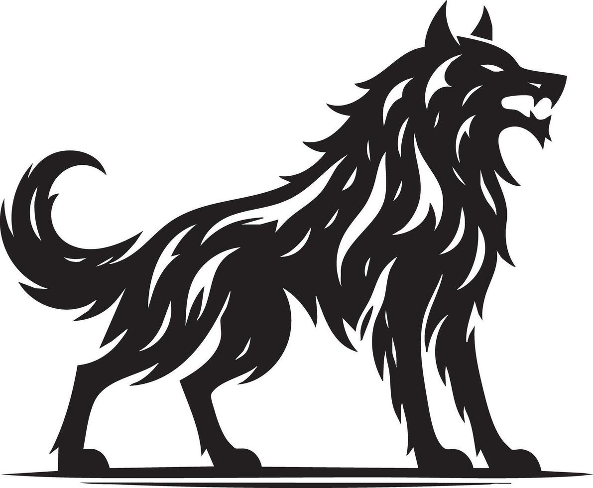 Fierce Black Wolf Silhouette Standing Growling with Fluffy Mane and Tail vector