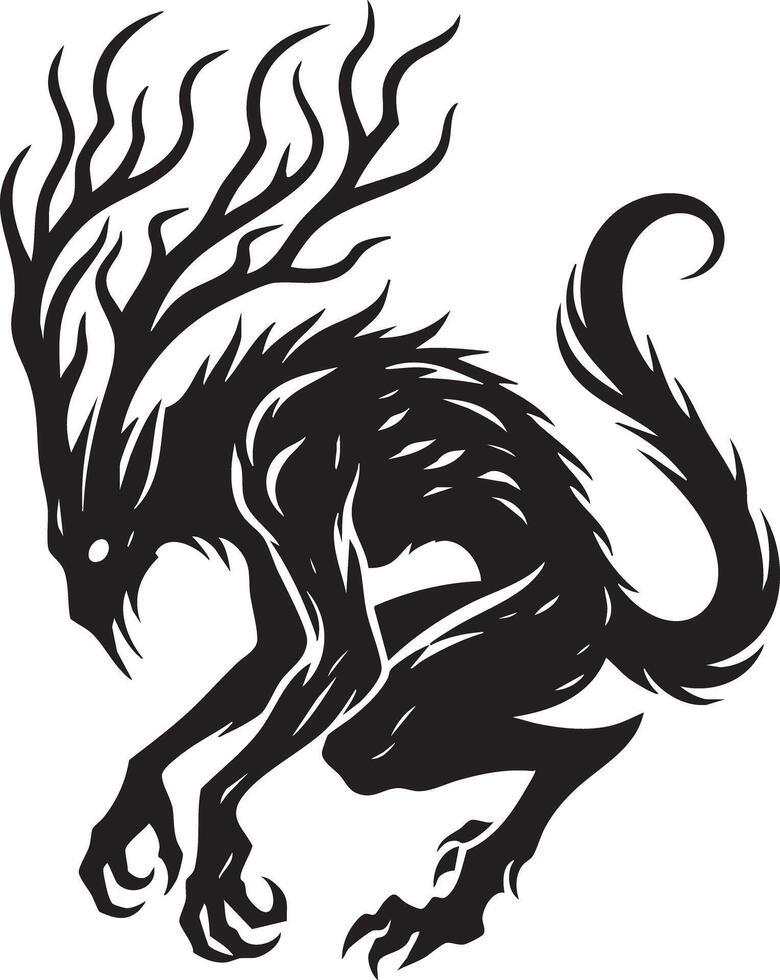 Mythical Forest Creature Silhouette with Antlers and Glowing Eyes vector