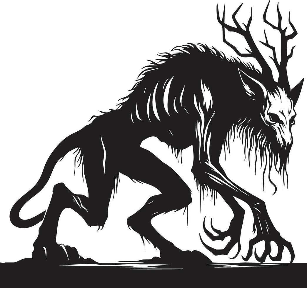 Grotesque Mythical Creature with Antlers and Scary Features vector