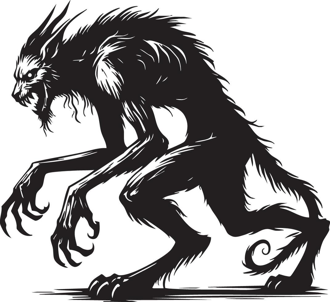 Fearsome Black And White Werewolf Creature In Dynamic Pose vector