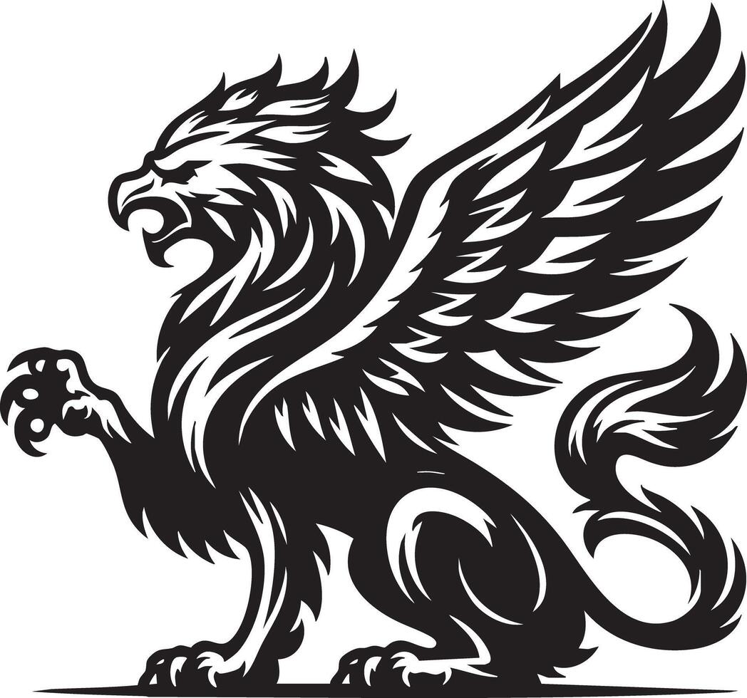 Majestic Mythological Griffin Creature Standing Proudly Black And White Illustration vector