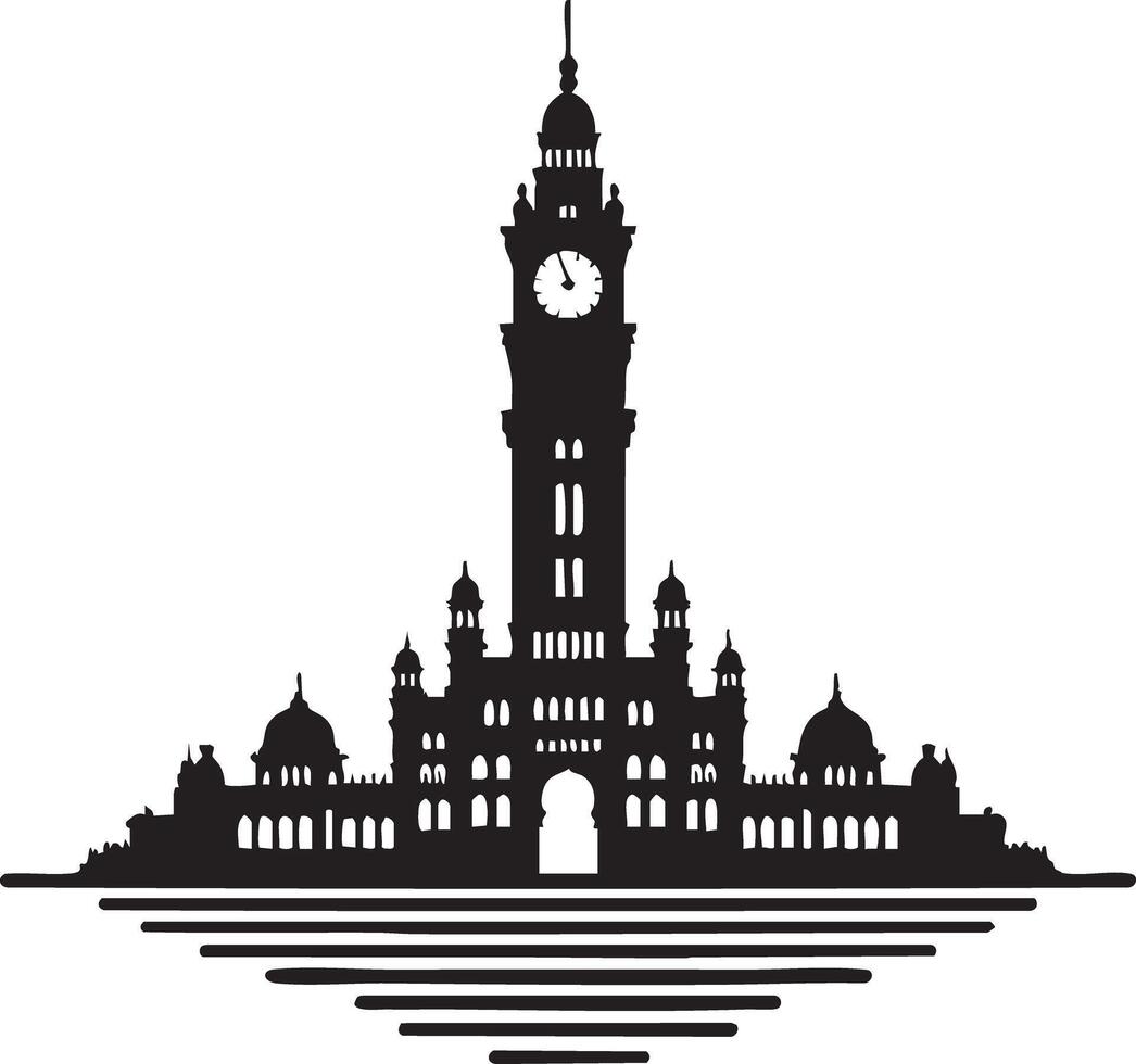 Majestic Silhouette of Historic Clock Tower Building Reflected in Water vector