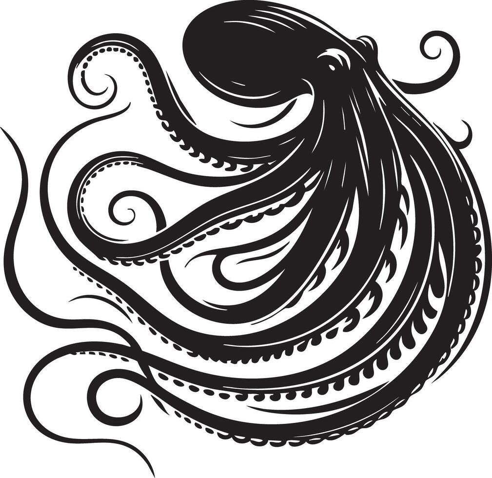 Striking Black Octopus Silhouette with Swirling Tentacles Underwater Art vector