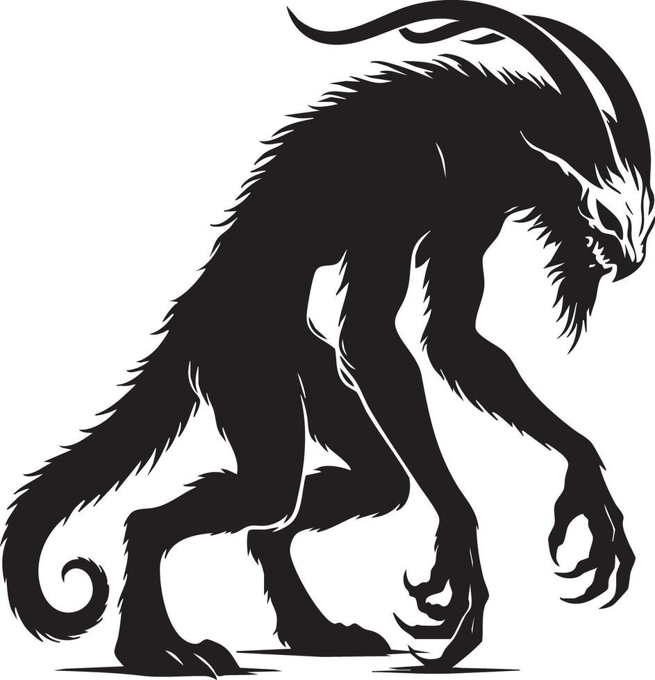 Dark Silhouette Monster with Horns and Furry Body Creature Design vector