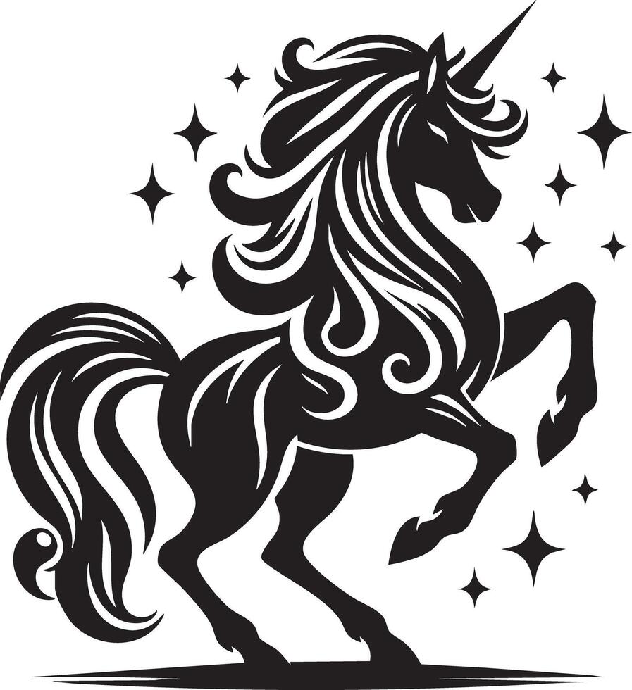 Majestic Black Unicorn Prancing Amongst Sparkling Stars Fantasy Creature Art vector