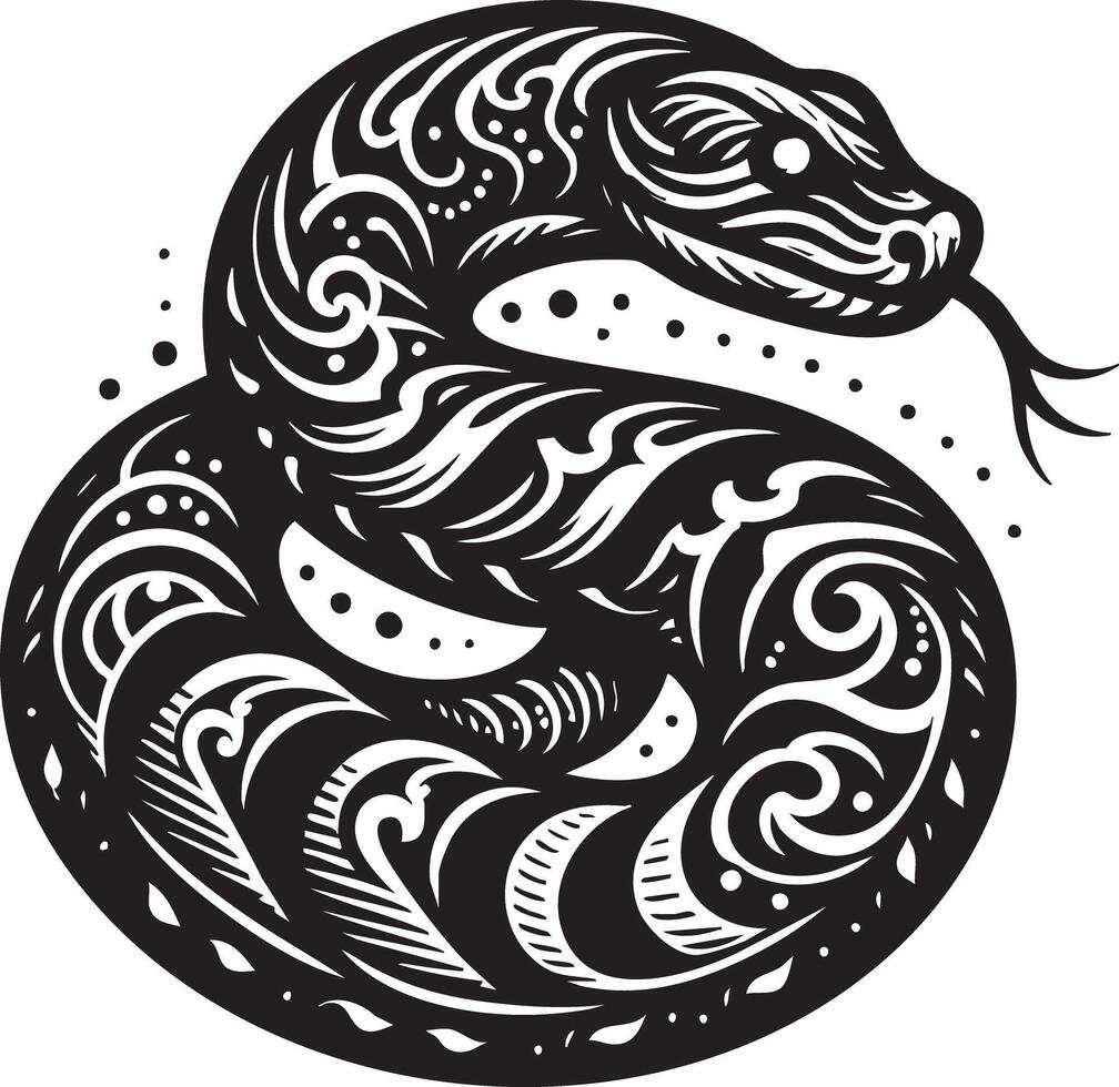 Intricate Tribal Snake Tattoo Design in Black and White vector