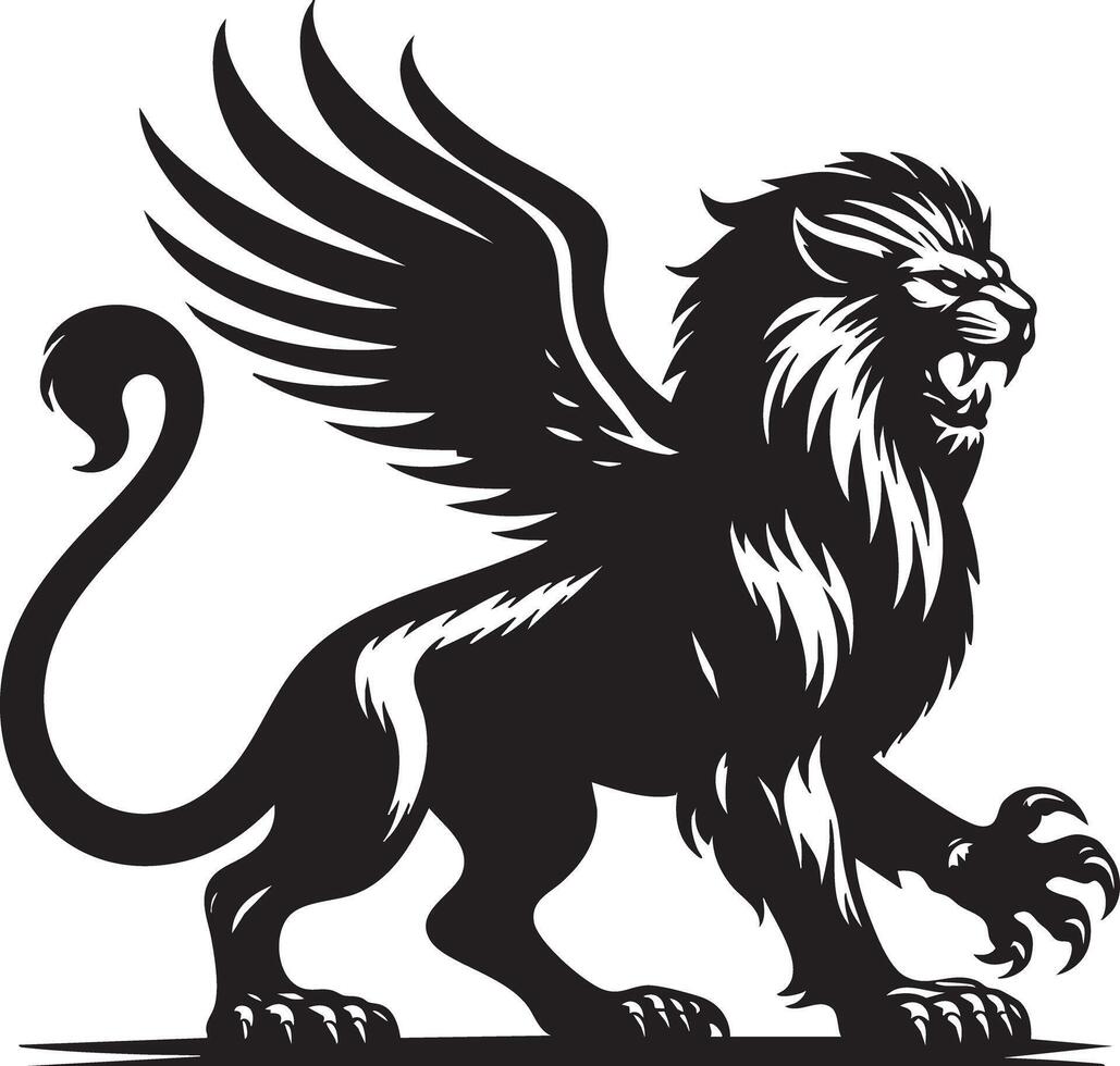 Majestic Winged Lion Silhouette Symbolizing Power Strength and Royalty vector