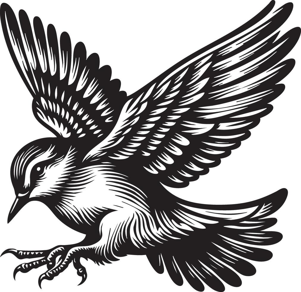Detailed Illustration of a Small Bird in Mid Flight with Wings Spread Wide vector