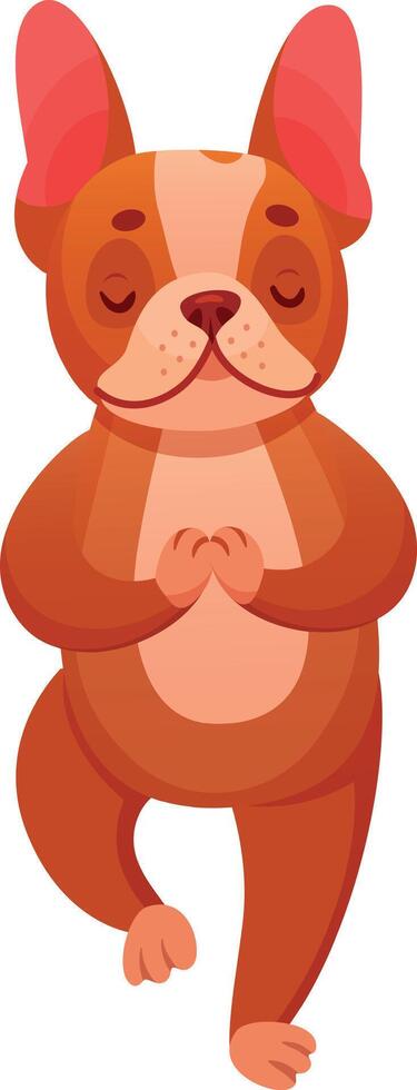 Brown french bulldog with closed eyes practicing yoga, meditating in tree pose, holding paws together, standing on one leg, finding inner peace and balance, cartoon illustration vector