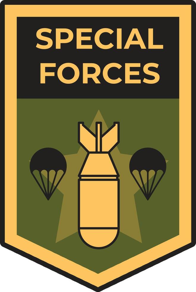 Special forces logo showcasing a bomb and parachutes, set against a military themed background, symbolizes airborne operations and tactical deployment vector