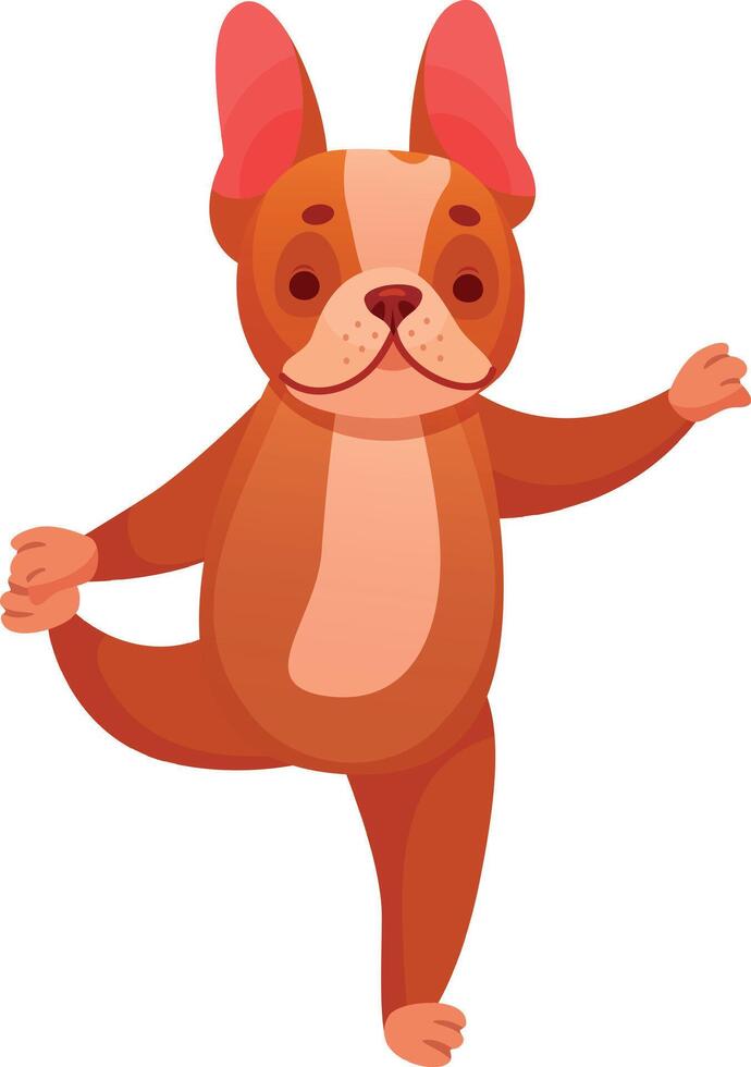 Adorable cartoon french bulldog balancing on one leg in a yoga tree pose, embodying pet wellness and mindfulness while promoting relaxation, health, and playful activity vector