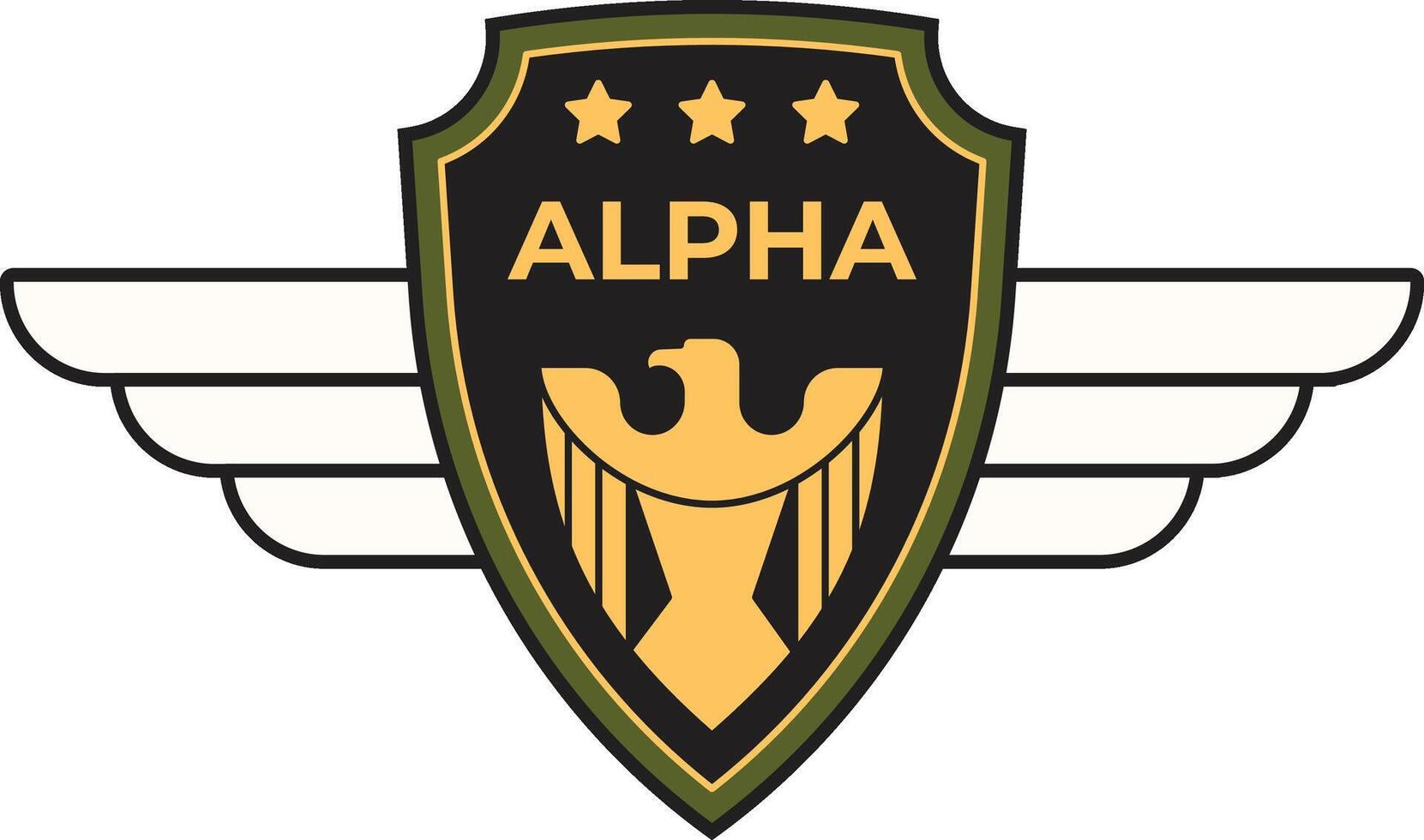 Military logo with an eagle and wings, three stars, and the word alpha, possibly representing a special unit or group within the armed forces vector
