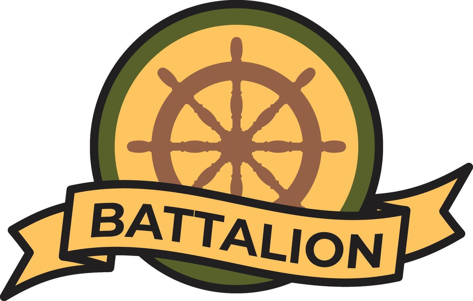 Battalion logo featuring a ship rudder set within a circle, accented by a yellow ribbon and a green border, perfectly suited for maritime or naval themes and branding vector