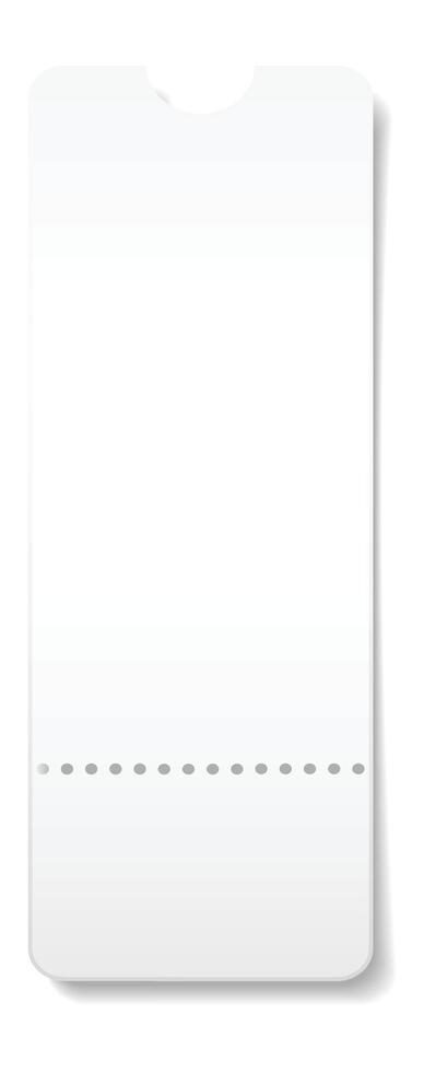 Blank white ticket with perforation and rounded corners is waiting to be used, isolated on white background with slight shadow underneath, ready for customization and design vector