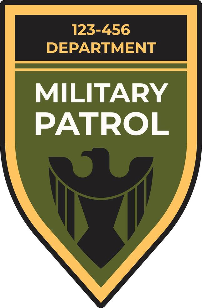 Military patrol department logo displaying a stylized eagle on a shield, incorporating a phone number and department name against a striking green and gold background vector