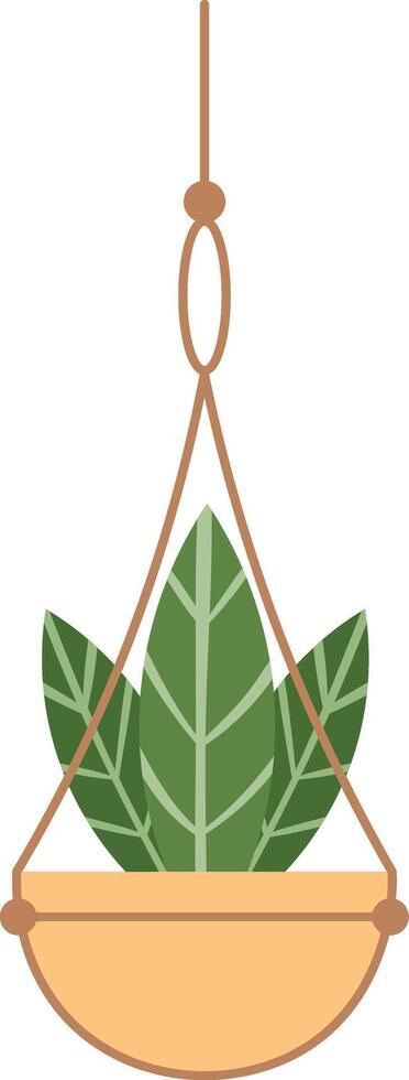 Illustration of a hanging planter featuring lush green leaves, suspended with a simple brown rope. Perfect for home decor, gardening themes, or botanical concepts vector