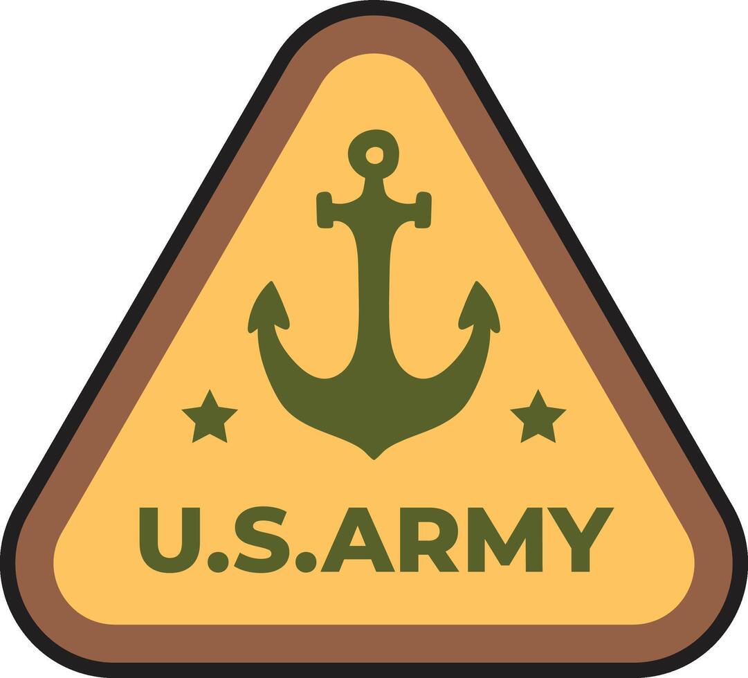 Triangular logo of the U.S. Army featuring a stylized green anchor and two green five pointed stars on a yellow background, evoking maritime operations and military symbolism vector