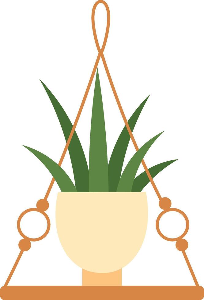Stylish illustration of a hanging plant in a ceramic pot suspended from a wooden shelf, creating a cozy and natural atmosphere in home decor vector