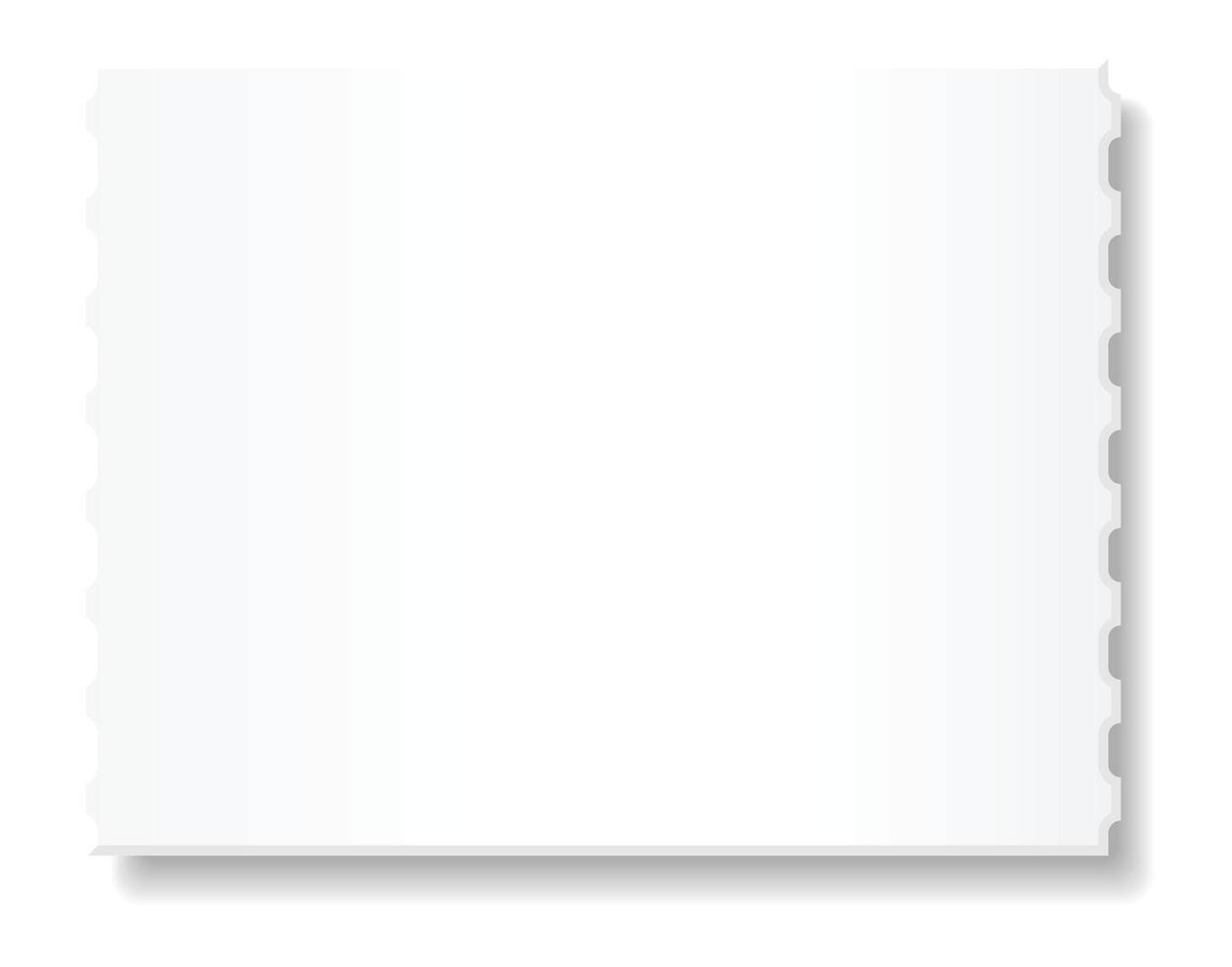 Blank white ticket or coupon with serrated edges casting a shadow on a white background, ideal for showcasing designs or text related to events, promotions, or travel vector