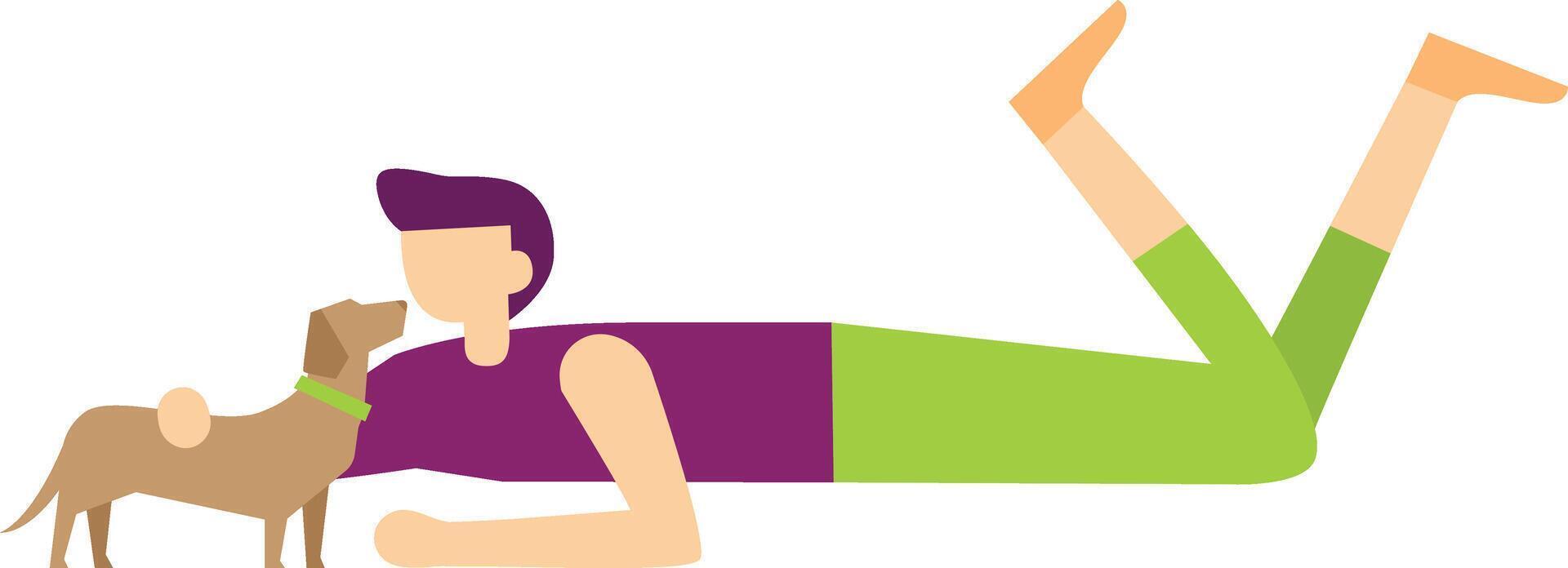 Young man with purple shirt and green trousers is lying on his stomach with legs raised and playing with his brown dachshund dog wearing a green collar vector