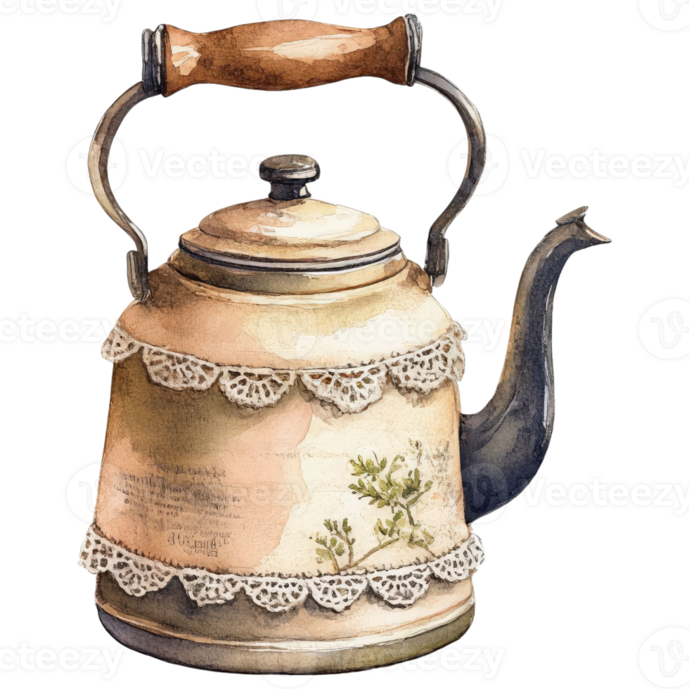 A charming watercolor painting of an antique kettle adorned with delicate lace, evoking a sense of nostalgia and warmth. png
