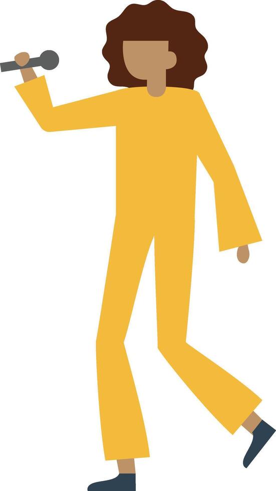 Illustration of a performer in a vibrant yellow outfit holding a microphone, capturing the essence of a lively stage performance. The figure exudes energy and passion for music vector