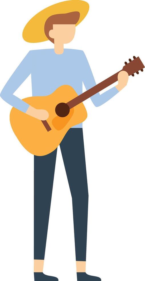 Full length illustration of a young musician wearing casual clothes and a straw hat, playing an acoustic guitar, isolated on white background vector